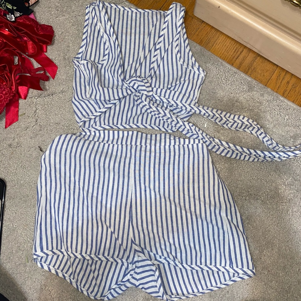Blue white striped two piece tank crop top shorts